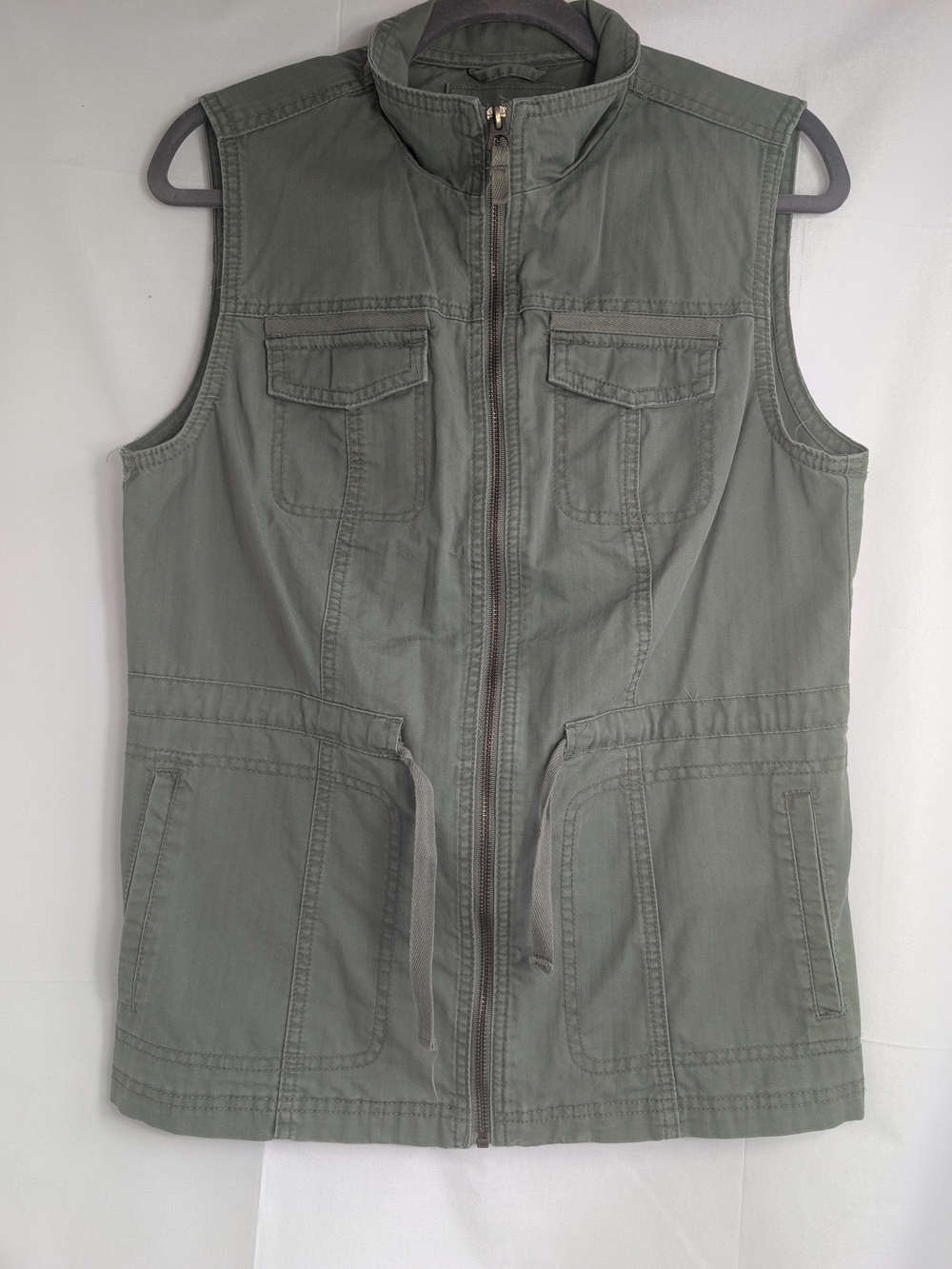 Merona Olive Green Utility Vest Full Zip Drawstring Waist Size Medium